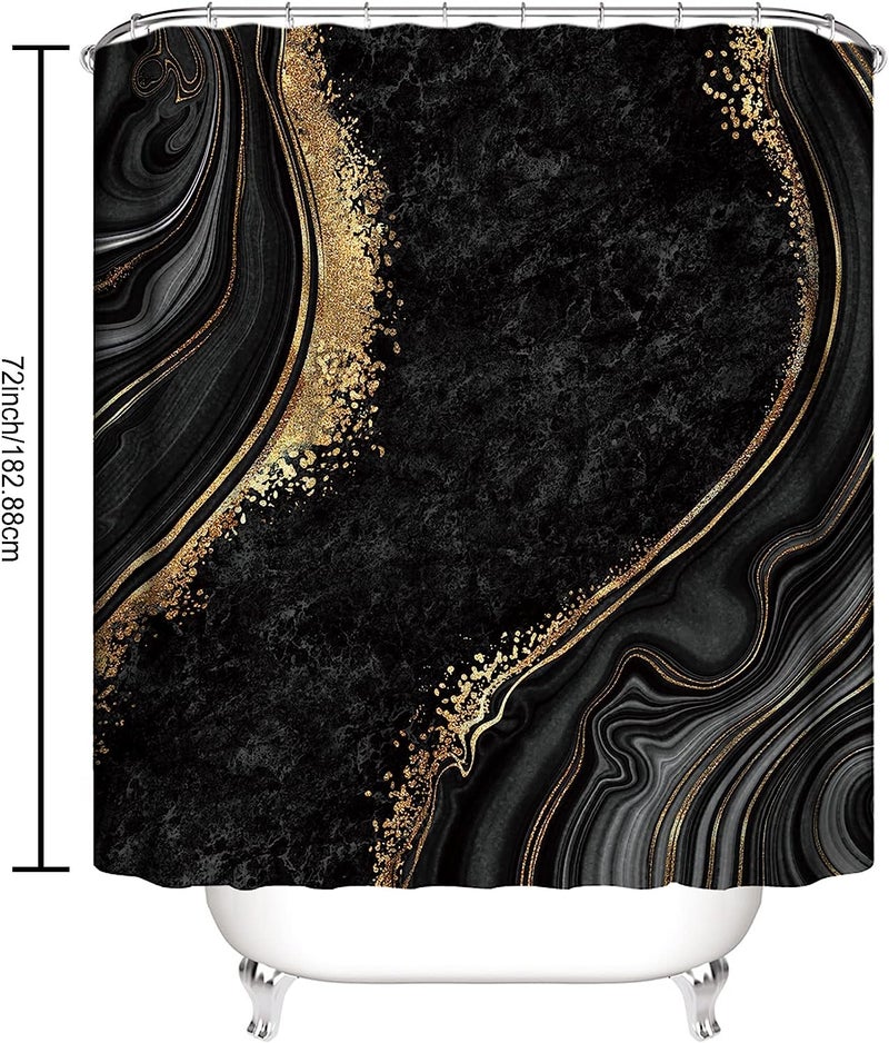 beifivcl 4Pcs Luxury Marble Shower Curtain Sets, Bathroom Sets with Shower Curtain, Toilet Lid Rug, Contour Mat and Bath Mat, Shower Curtain with 12 Hooks for Bathroom Set Decor (72 x 72 Inch), Black - Image 3