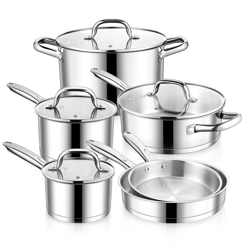E-far Efar 10Piece Stainless Steel Cookware Set Induction Pots and Pans Set with TriPly Base Nontoxic Kitchen Cooking Set wFrying Pan Saucepan Saute Pan Stockpot with Lids Oven Dishwasher Safe - Image 2
