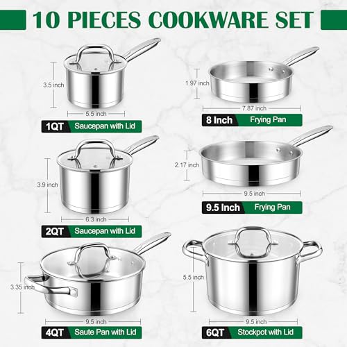 E-far Efar 10Piece Stainless Steel Cookware Set Induction Pots and Pans Set with TriPly Base Nontoxic Kitchen Cooking Set wFrying Pan Saucepan Saute Pan Stockpot with Lids Oven Dishwasher Safe - Image 3