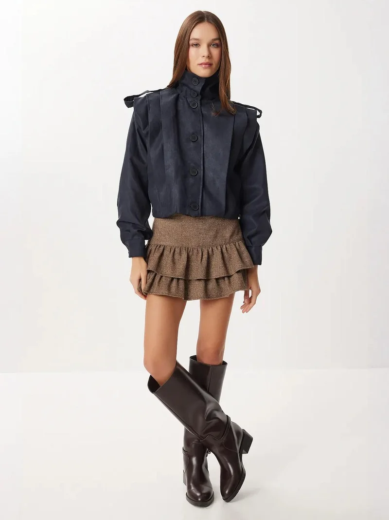 Lovely Istanbul ISTANBUL Bomber Suede Jacket with Button Closure