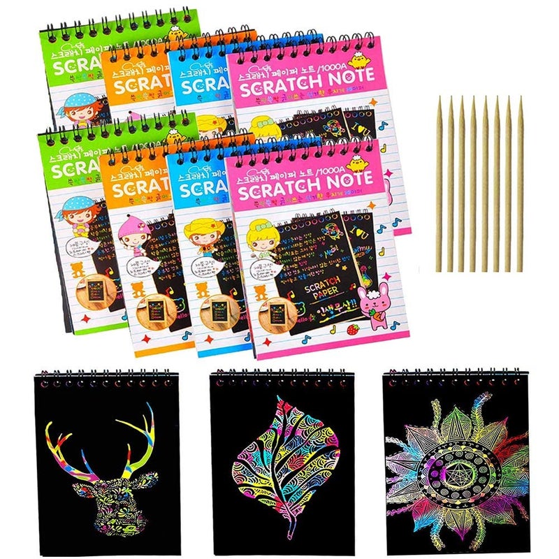 PLUSPOINT Scratch Note Books, 10 Pages Rainbow Scratch Art Book Magic Doodle Scratch Painting Sketch Art Drawing Notepads with Wooden Stylus for Kids Arts and Crafts Perfect Travel Activity (8) - Image 2