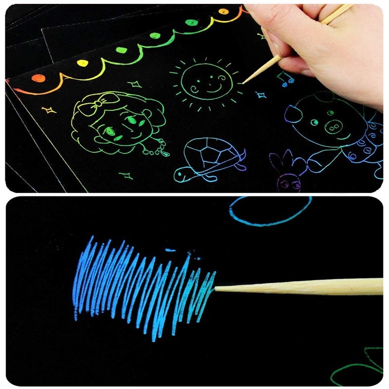 PLUSPOINT Scratch Note Books, 10 Pages Rainbow Scratch Art Book Magic Doodle Scratch Painting Sketch Art Drawing Notepads with Wooden Stylus for Kids Arts and Crafts Perfect Travel Activity (8) - Image 3