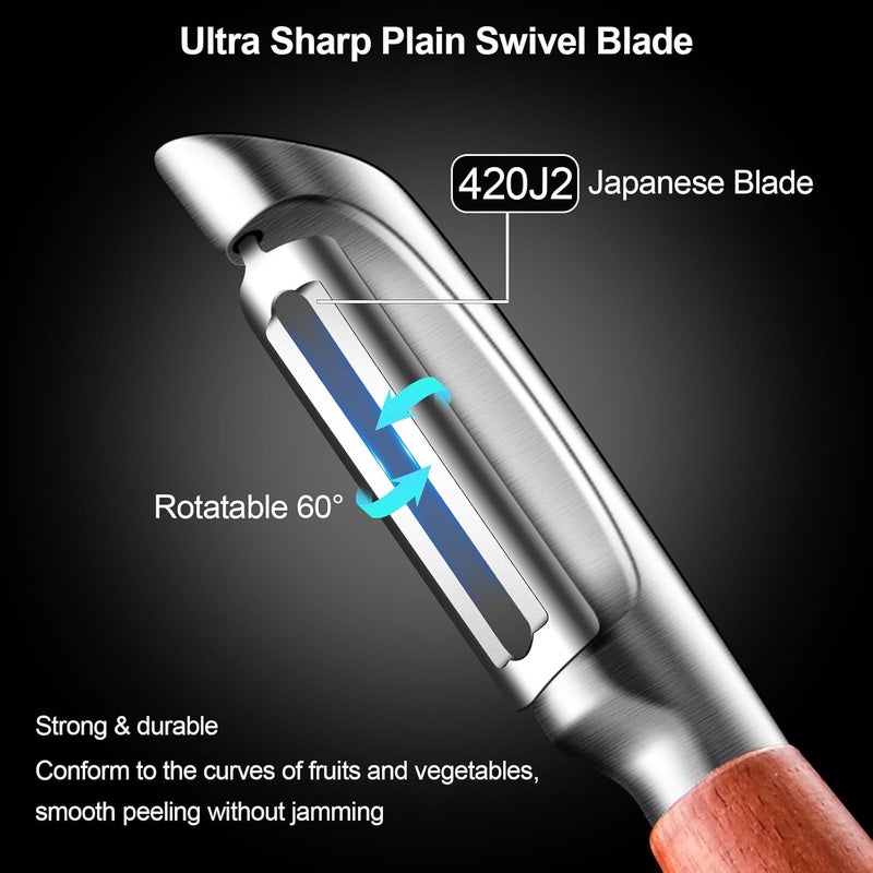 ZIGNTY Vegetable Peeler Stainless Steel, Premium Potato Peelers for Kitchen, Ultra Sharp Rotary Blade Fruit & Veggie Peeler, Apple Peeler, I Shaped Peeler Real Wood Non-Slip Handle（5 Years Warranty） - Image 2