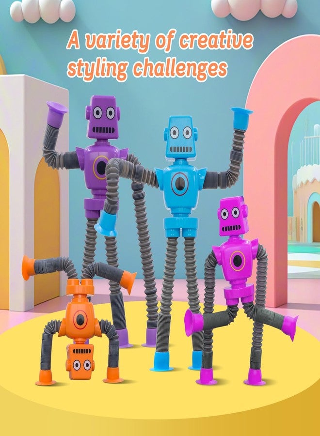 DODOMAGXANADU ألعاب فidget أنابيب البوب للروبوت للأطفال، 4 عبوات لعبة فidget Pop أنبوبية مع كؤوس شفط لتخفيف التوتر والقلق، هدايا مبتكرة للأطفال والمراهقين (4 عبوات روبوت) - Image 3
