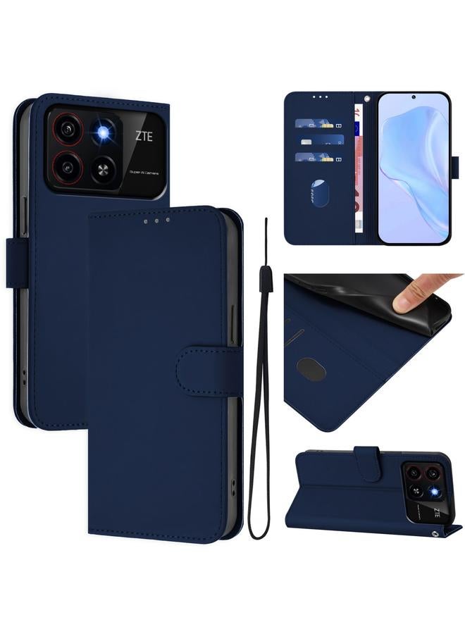 Zaboon For ZTE Blade A35 / A55 Skin Feel Solid Color Leather Phone Case with Lanyard(Navy Blue)