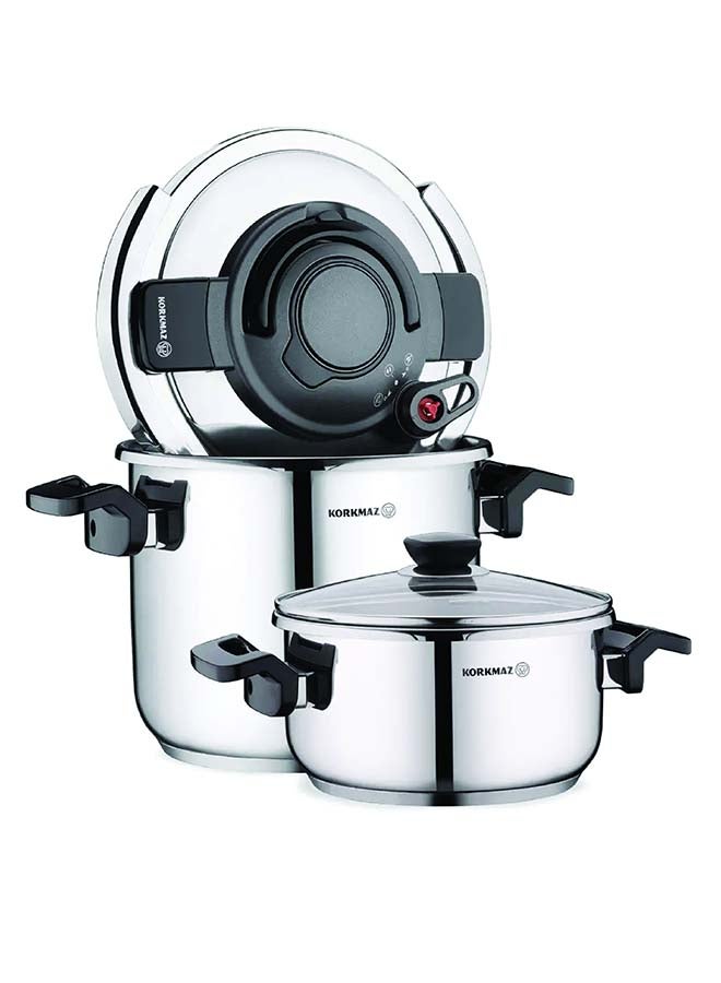 Korkmaz Alessa 4 Piece Pressure Cooker Set 4L + 7L| Stainless Steel Tri-Ply Sandwich Base | Induction Compatible |Turkish pressure cooker | Silver - KA178 - Image 1