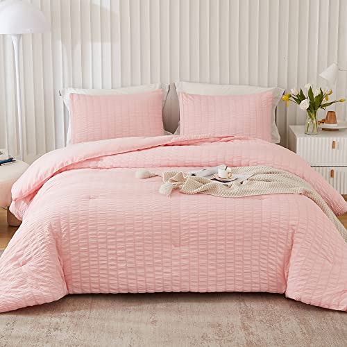 AveLom Blush Pink Seersucker California King Comforter Set (104x96 inches), 3 Pieces-100% Soft Washed Microfiber Lightweight Comforter with 2 Pillowcases, All Season Down Alternative Bedding Set - Image 1