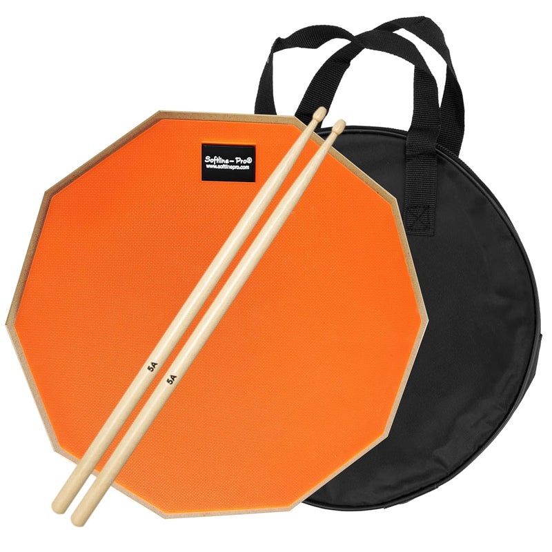 Softline Pro Dumbed 12-Inch Drum Practice Pad (10-Corner Design) | Double-Sided Silicone Rubber Pad with Carry Bag & 5A Maple Wood Drumstick (SP-DPP44-SB-OG) - Image 1