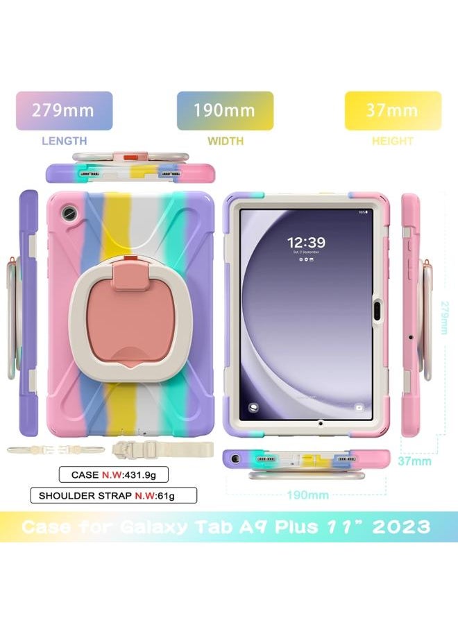 Samsung Galaxy Tab A9 Plus Silicone Hybrid PC Tablet Case with Holder and Shoulder Strap Colorful Pink