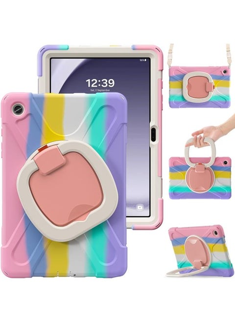 Samsung Galaxy Tab A9 Plus Silicone Hybrid PC Tablet Case with Holder and Shoulder Strap Colorful Pink