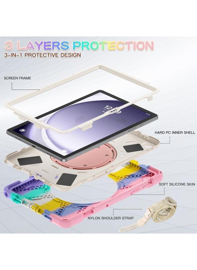 Samsung Galaxy Tab A9 Plus Silicone Hybrid PC Tablet Case with Holder and Shoulder Strap Colorful Pink