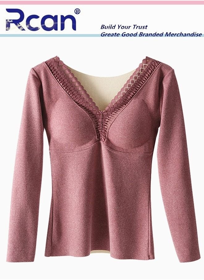Rcan - 2 In 1 Women's Bra Thermal Underwear with Chest Pad V Neck Thick Section Long Sleeve Winter Base Layer Shirt Slim Fleece Lined Top Plus Size - Image 1