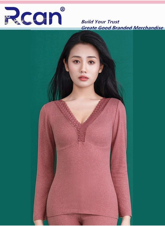 Rcan - 2 In 1 Women's Bra Thermal Underwear with Chest Pad V Neck Thick Section Long Sleeve Winter Base Layer Shirt Slim Fleece Lined Top Plus Size - Image 1