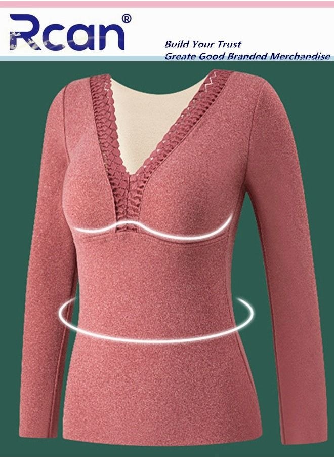 Rcan - 2 In 1 Women's Bra Thermal Underwear with Chest Pad V Neck Thick Section Long Sleeve Winter Base Layer Shirt Slim Fleece Lined Top Plus Size - Image 1