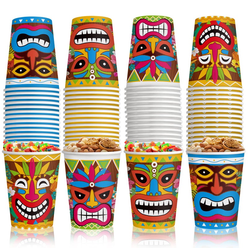 Yinder 60 Pieces Tiki Cups 9 oz Tiki Disposable Paper Cups Cute Party Decorations Summer Pool Party Decor for Kids Adults Beach Drinking SuppliesHawaii