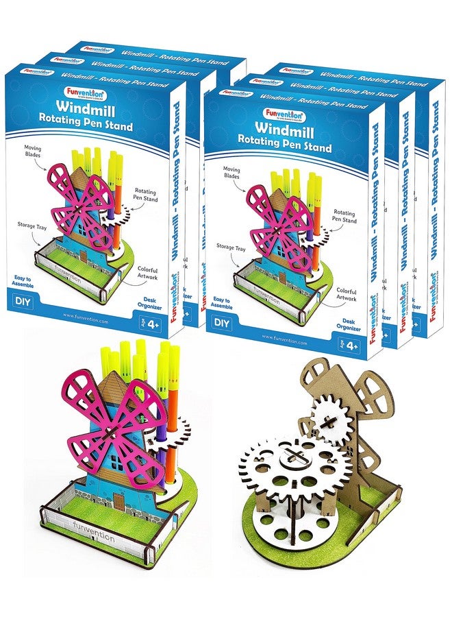 فنفينشين مجموعة من 6 قطع من حامل أقلام طاحونة هوائية DIY منظم مكتب ميكانيكي للأطفال من سن 4 سنوات فما فوق، أحجية ثلاثية الأبعاد، فنون وحرف يدوية، هدايا عيد ميلاد - Image 1