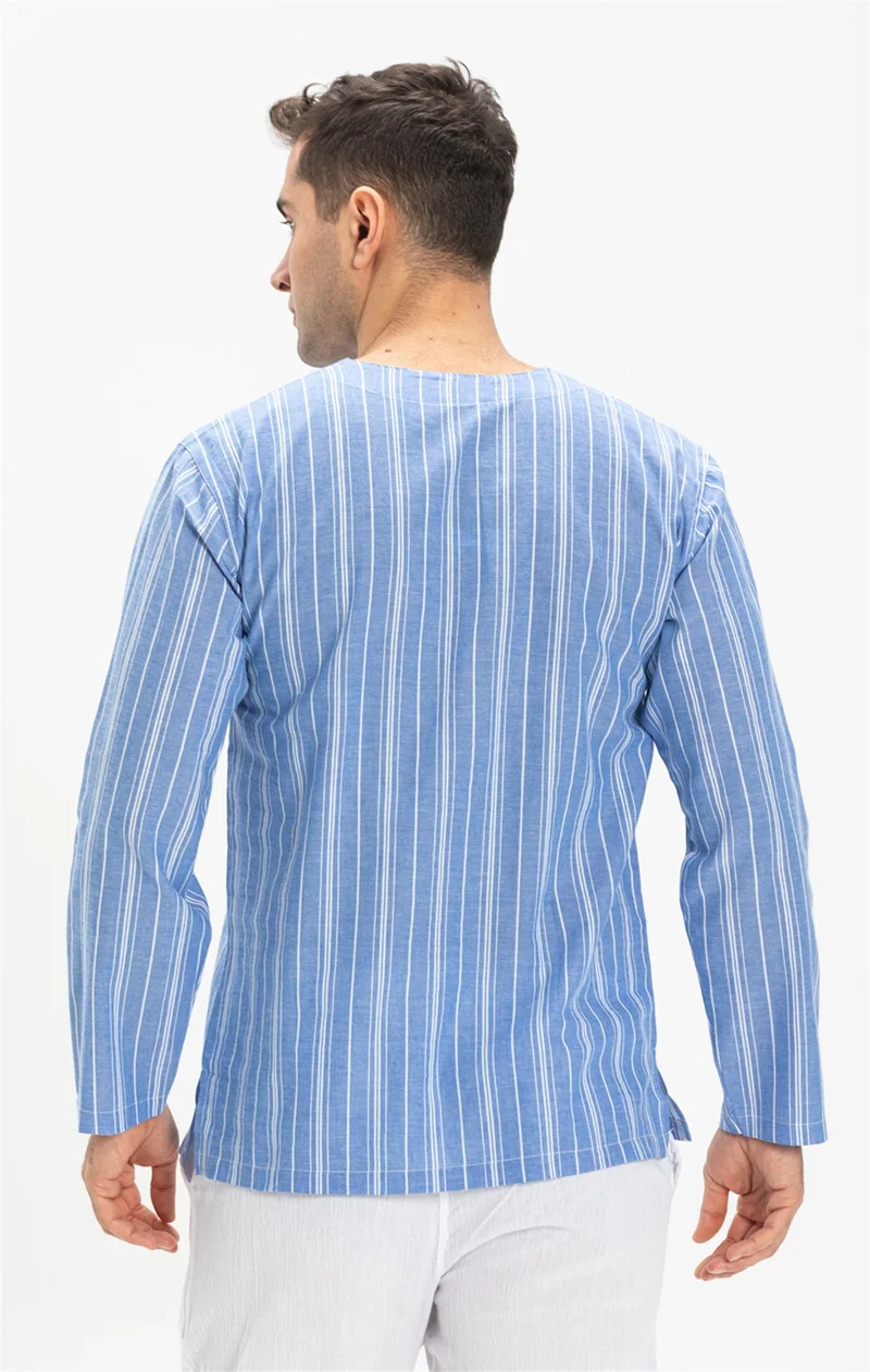 Eliş Şile Bezi Uzun Kol Şile Bezi Bisiklet Yaka Erkek Tshirt Mavi Beyaz Çizgili 3019