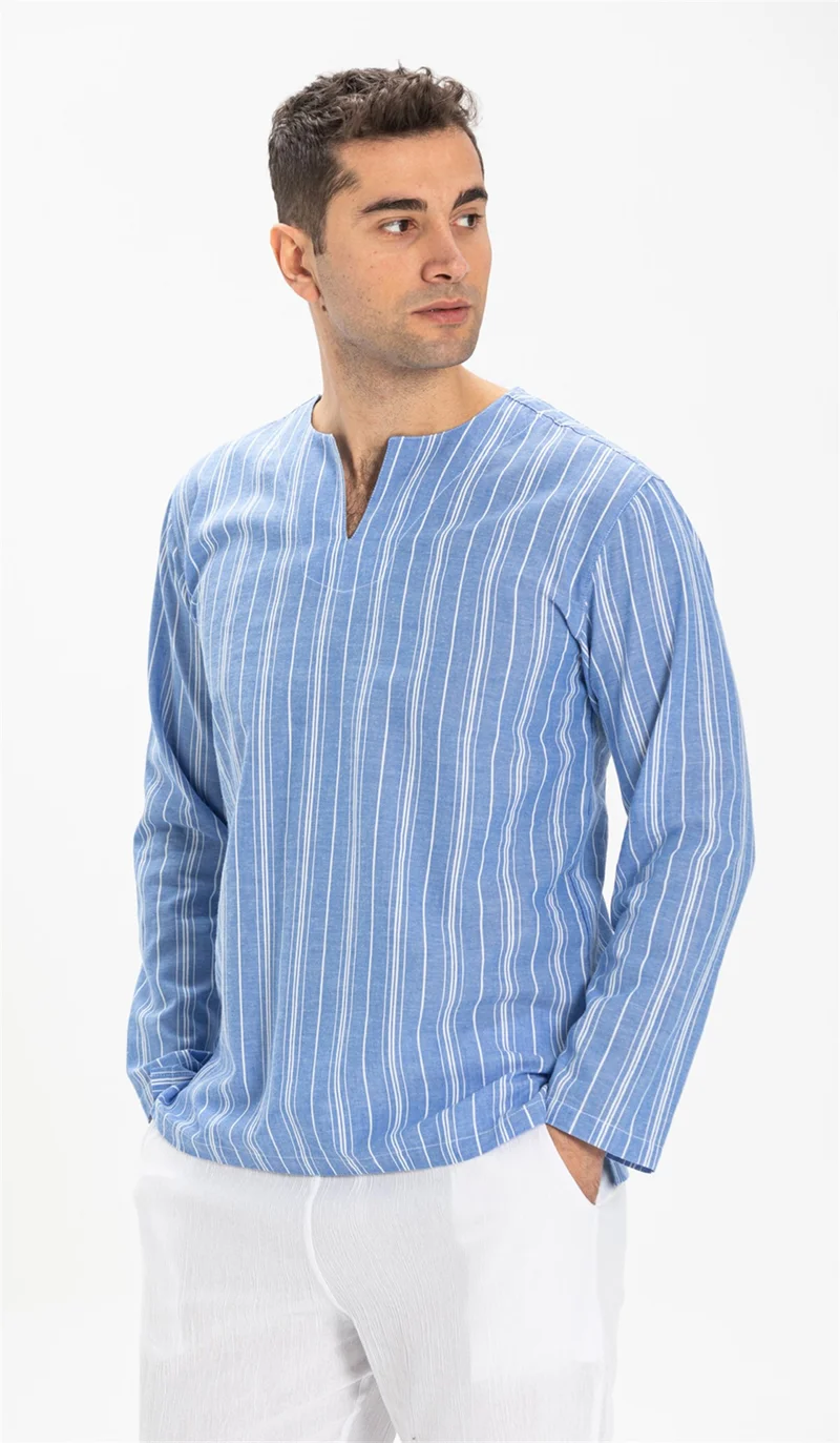 Eliş Şile Bezi Uzun Kol Şile Bezi Bisiklet Yaka Erkek Tshirt Mavi Beyaz Çizgili 3019