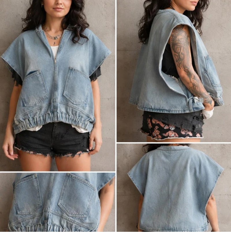 Women's Light Blue Oversized Denim Zip-Up Vest with Wide Armholes and Elastic Hem Detail
