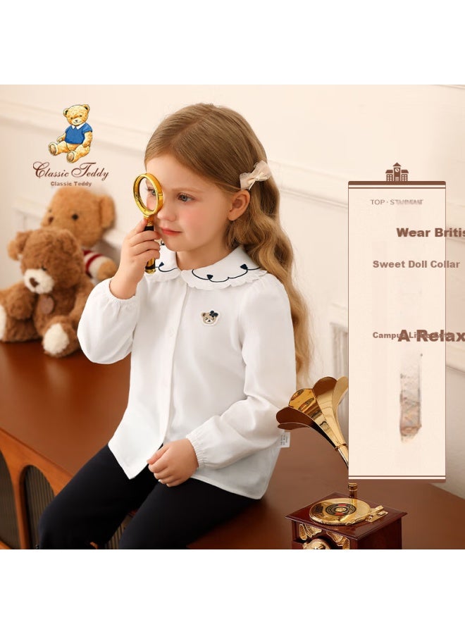 Classic Teddy Girls' Long Sleeve Shirt Children's Cotton Spring Casual Top White Size 100 - Image 1