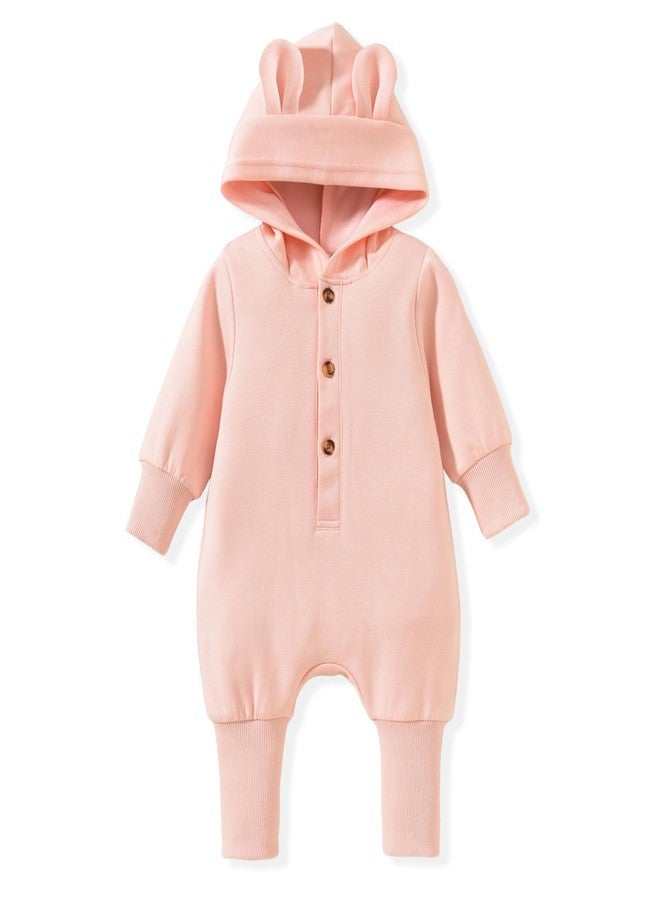 KOZBY 6-12 Months Baby Girl Hooded Jumpsuit 9 Months Infant Long Sleeves Romper Outfits Solid Color Loose Clothes Fall Winter Spring Pink - Image 1