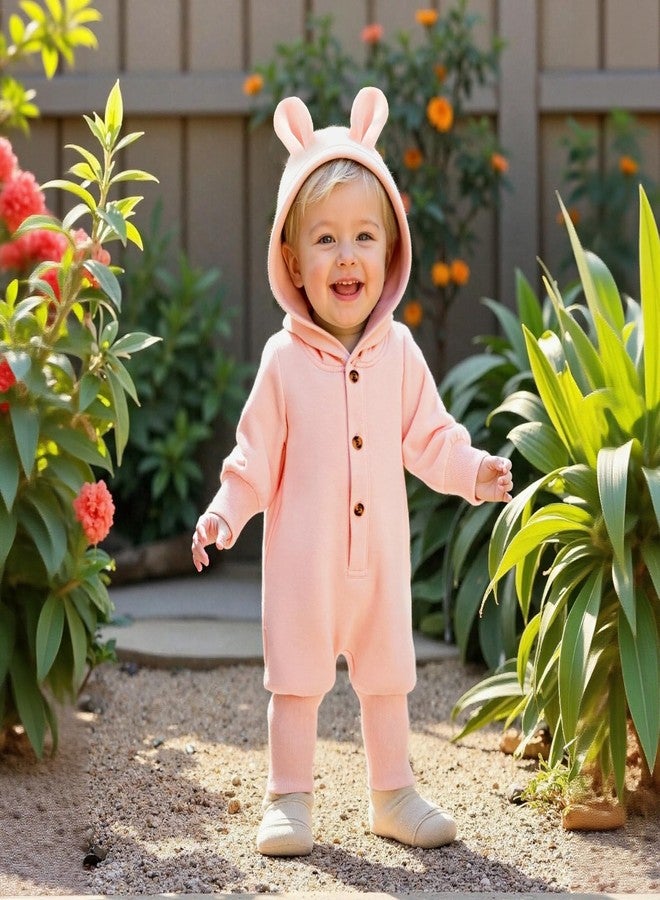 KOZBY 6-12 Months Baby Girl Hooded Jumpsuit 9 Months Infant Long Sleeves Romper Outfits Solid Color Loose Clothes Fall Winter Spring Pink - Image 2