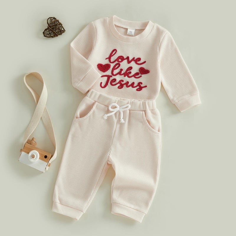Douhoow Baby Valentines Day Outfit Infant Boy Girl My 1st Valentine's Embroidered Waffle Baby Sweatshirt Romper Pants Set (Beige C, 0-3 Months) - Image 2