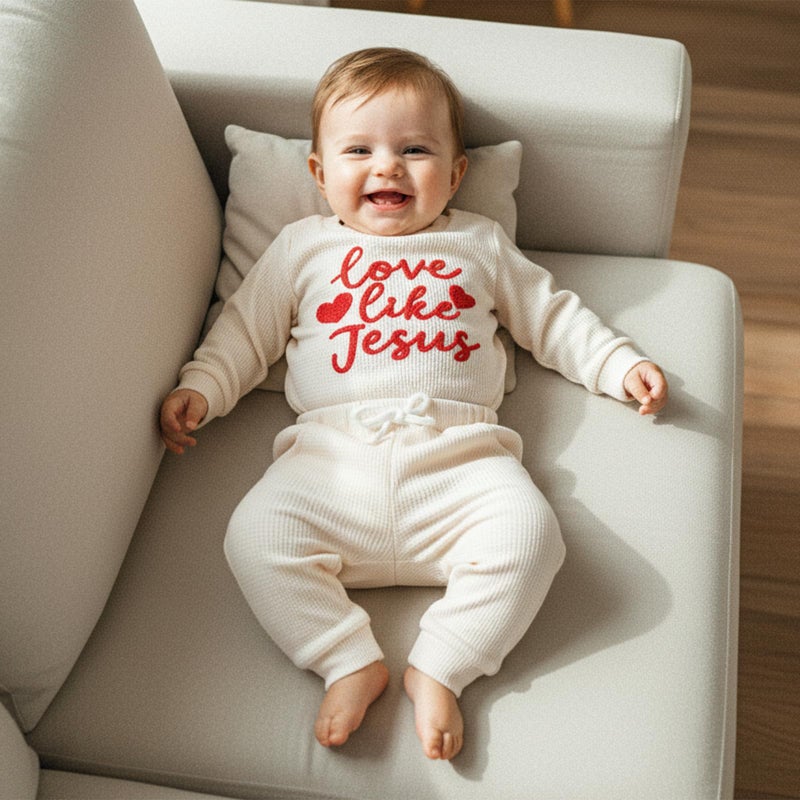 Douhoow Baby Valentines Day Outfit Infant Boy Girl My 1st Valentine's Embroidered Waffle Baby Sweatshirt Romper Pants Set (Beige C, 0-3 Months) - Image 5