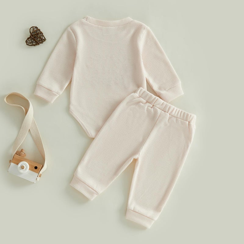 Douhoow Baby Valentines Day Outfit Infant Boy Girl My 1st Valentine's Embroidered Waffle Baby Sweatshirt Romper Pants Set (Beige C, 0-3 Months) - Image 3