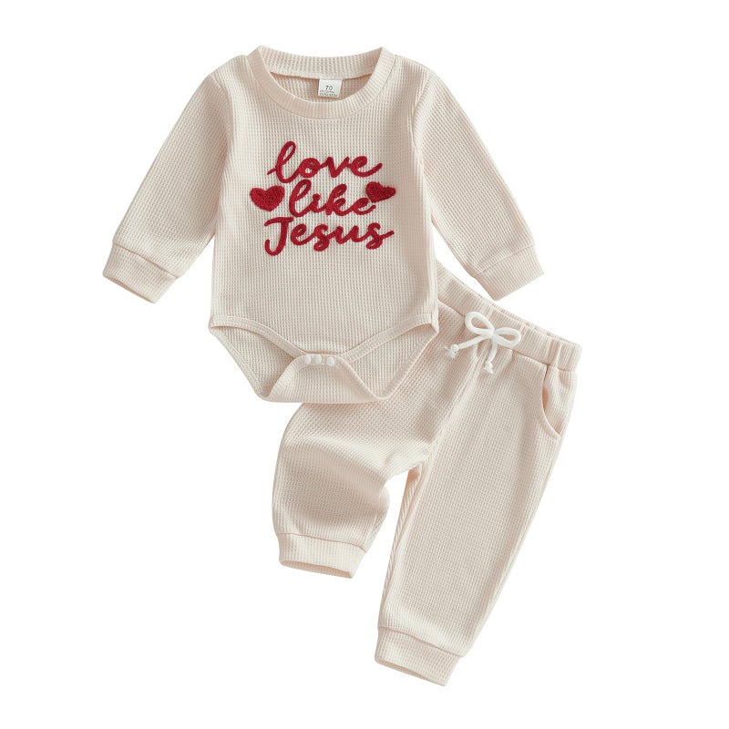 Douhoow Baby Valentines Day Outfit Infant Boy Girl My 1st Valentine's Embroidered Waffle Baby Sweatshirt Romper Pants Set (Beige C, 0-3 Months) - Image 1