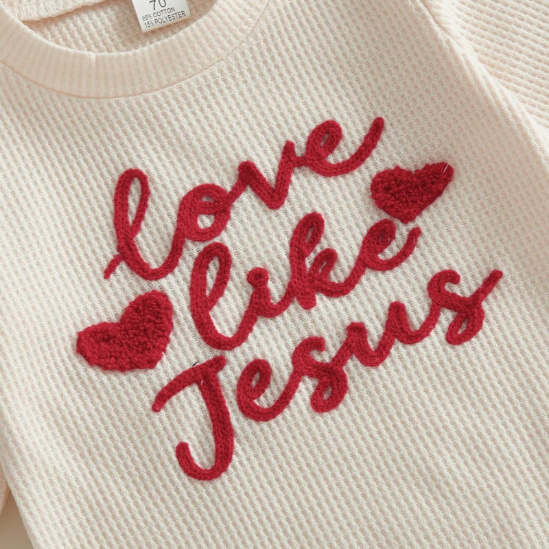 Douhoow Baby Valentines Day Outfit Infant Boy Girl My 1st Valentine's Embroidered Waffle Baby Sweatshirt Romper Pants Set (Beige C, 0-3 Months) - Image 4
