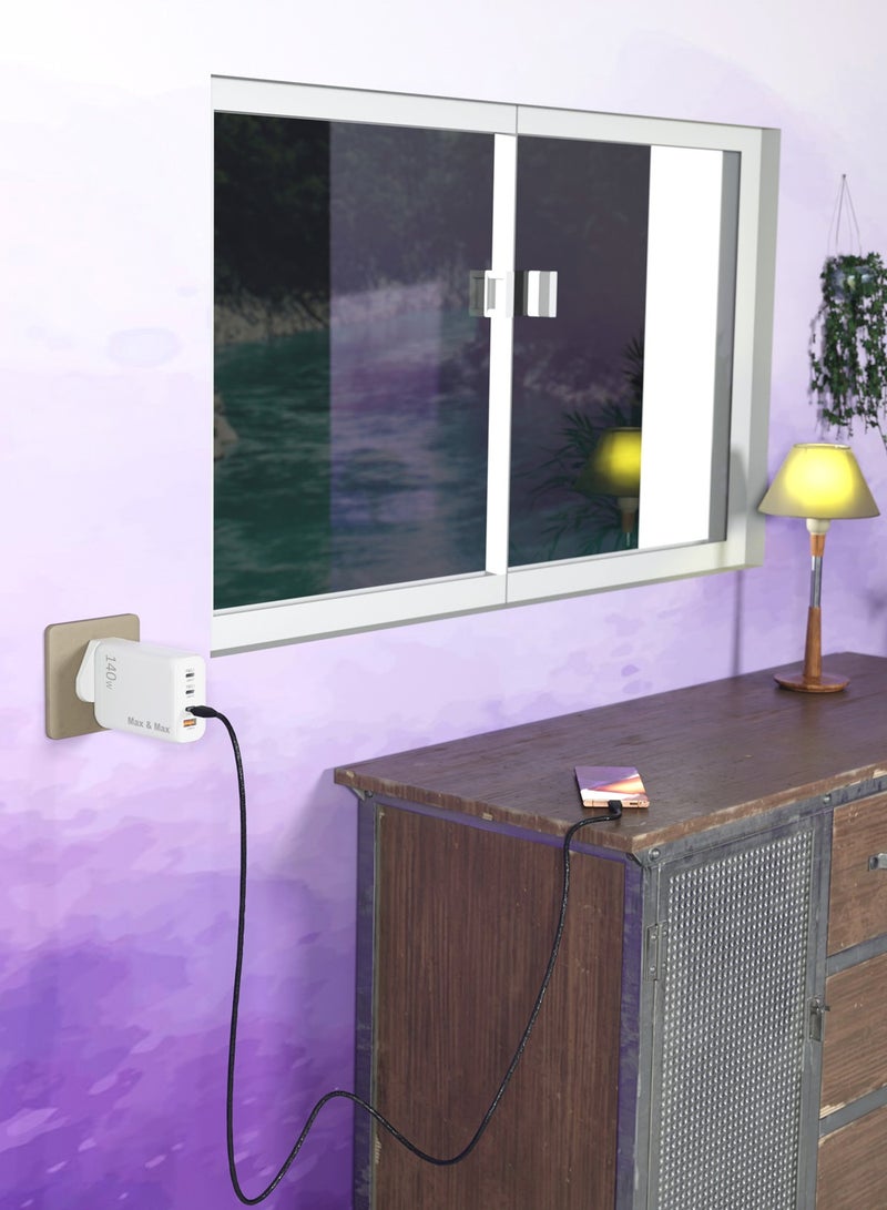 ماكس آند ماكس شاحن GaN سريع بقوة ١٤٠ واط - محول شحن سريع بمنفذي USB-C وUSB-A | محطة طاقة PD عالية السرعة لأجهزة الكمبيوتر المحمولة، وأجهزة iPhone، وأجهزة Samsung، والأجهزة اللوحية - Image 4