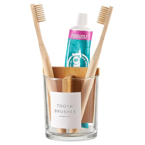 Onsogi Glass Toothbrush and Toothpaste Holder with Bamboo Divider for Bathroom Countertop, Toothbrush Organizer Stand for Bathroom Vanity Countertops - 1 Pack - Image 1