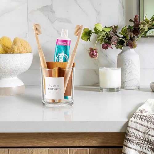 Onsogi Glass Toothbrush and Toothpaste Holder with Bamboo Divider for Bathroom Countertop, Toothbrush Organizer Stand for Bathroom Vanity Countertops - 1 Pack - Image 2