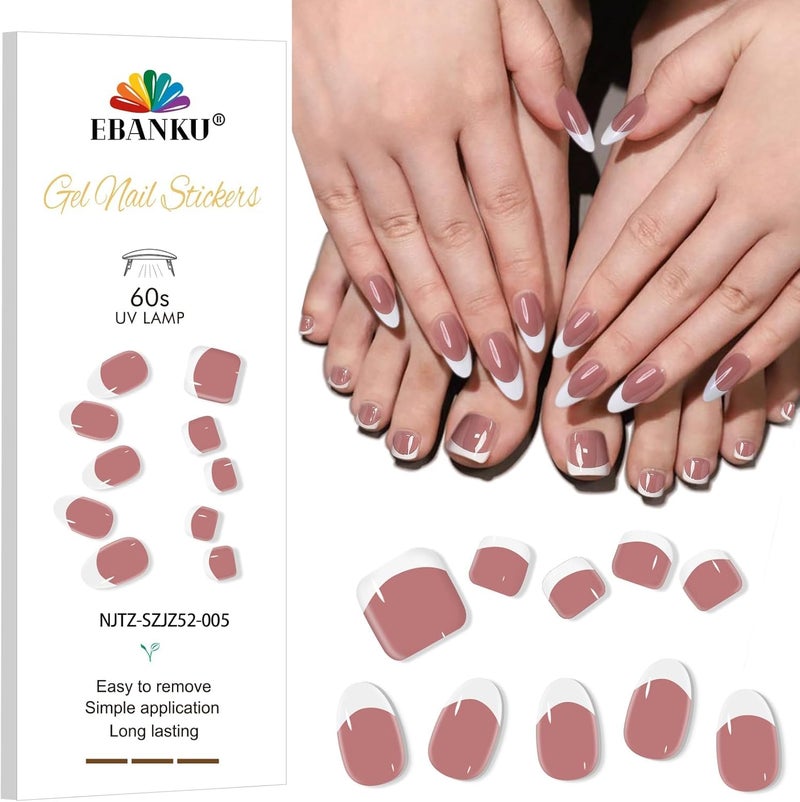 EBANKU EBANKU 52Pcs Semi Cured Gel Toenail Strips, Gel Nail Strips for Toes UV Gel Nail Stickers, French Sheer Jelly Nude Pink Long-Lasting Manicure Stickers with Nail File&Stick, Works with UV Lamps 
