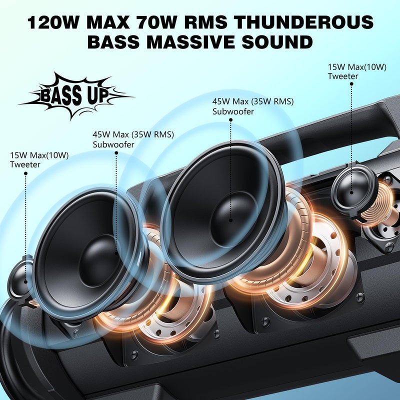W-KING Portable Bluetooth Speaker with Wireless Microphone, 120W Peak 70W RMS Waterproof Outdoor Bluetooth Speakers, 110dB Loud Bass Up, 42H/BT5.4/DSP/RGB, Stereo Pairing for Camping/Beach Essentials - Image 4