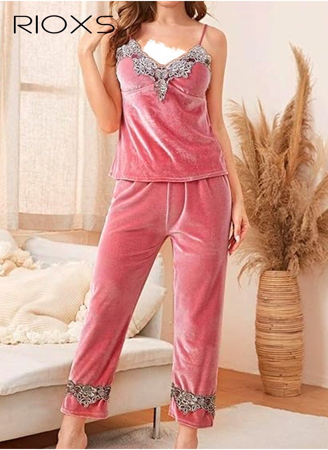 RIOXS Women's Pajamas Set 3 Pieces Velvet Lace Cami Top Button Down Loungewear Pjs Set Cami And Pants Pajama Set With Robe Matching Pajama Set For Ladies  - Image 1