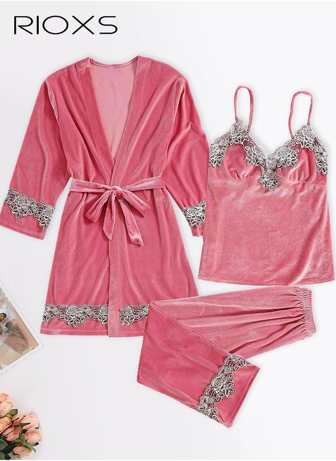 RIOXS Women's Pajamas Set 3 Pieces Velvet Lace Cami Top Button Down Loungewear Pjs Set Cami And Pants Pajama Set With Robe Matching Pajama Set For Ladies  - Image 3