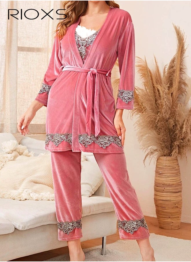 RIOXS Women's Pajamas Set 3 Pieces Velvet Lace Cami Top Button Down Loungewear Pjs Set Cami And Pants Pajama Set With Robe Matching Pajama Set For Ladies  - Image 2