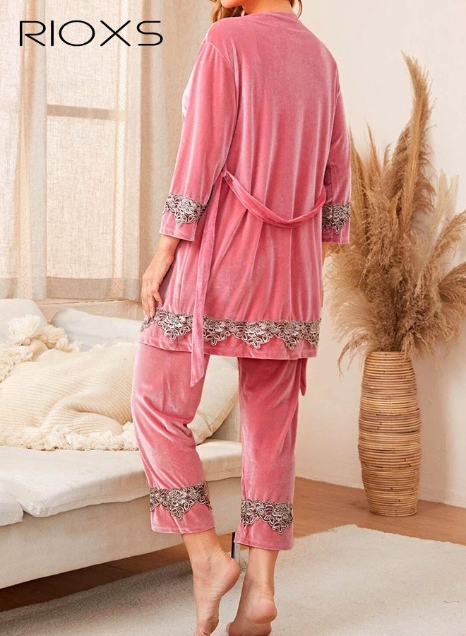 RIOXS 3 Pieces Women's Velvet Pajama Set, Warm Comfortable Velvet Lace Trimed Cami Top, Elastic Waist Long Pants and  Robe, Lightweight Breathable Velour Loungewear Nightwear Set for Ladies, Fall Winter Cozy Sleepwear Set with Robe, Pink - Image 4