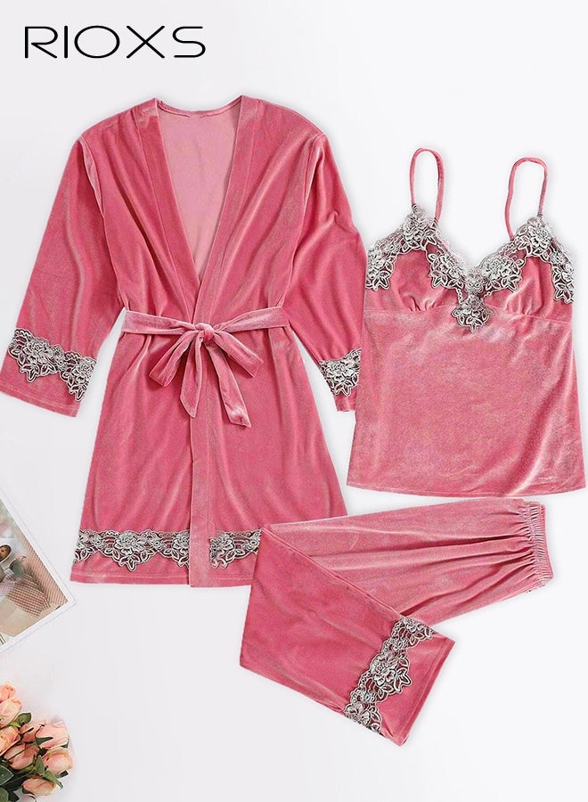 RIOXS 3 Pieces Women's Velvet Pajama Set, Warm Comfortable Velvet Lace Trimed Cami Top, Elastic Waist Long Pants and  Robe, Lightweight Breathable Velour Loungewear Nightwear Set for Ladies, Fall Winter Cozy Sleepwear Set with Robe, Pink - Image 1