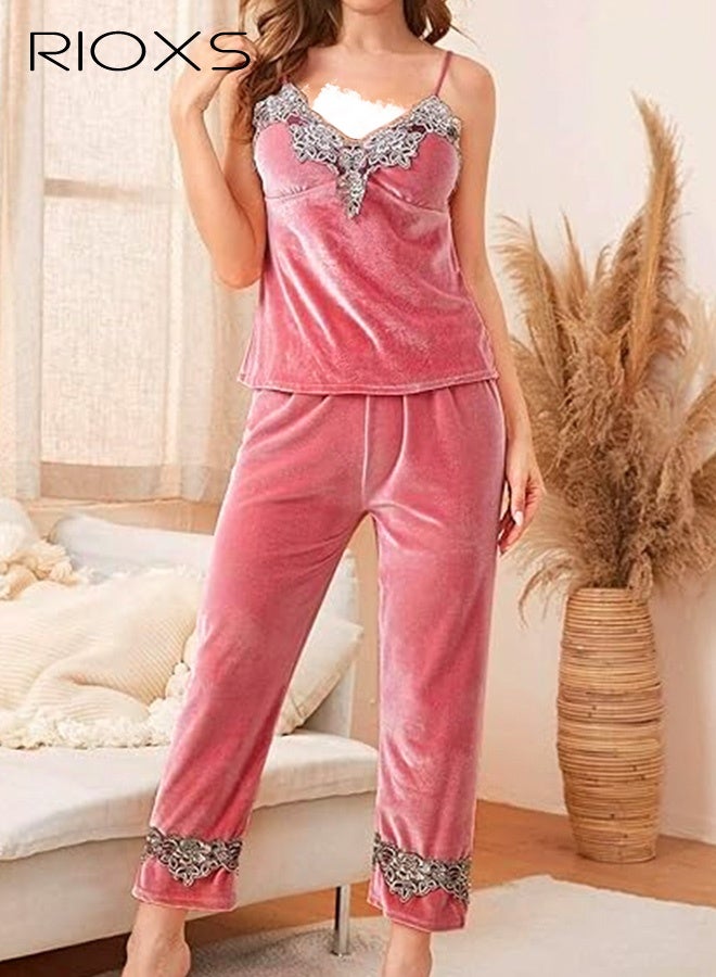RIOXS 3 Pieces Women's Velvet Pajama Set, Warm Comfortable Velvet Lace Trimed Cami Top, Elastic Waist Long Pants and  Robe, Lightweight Breathable Velour Loungewear Nightwear Set for Ladies, Fall Winter Cozy Sleepwear Set with Robe, Pink - Image 3