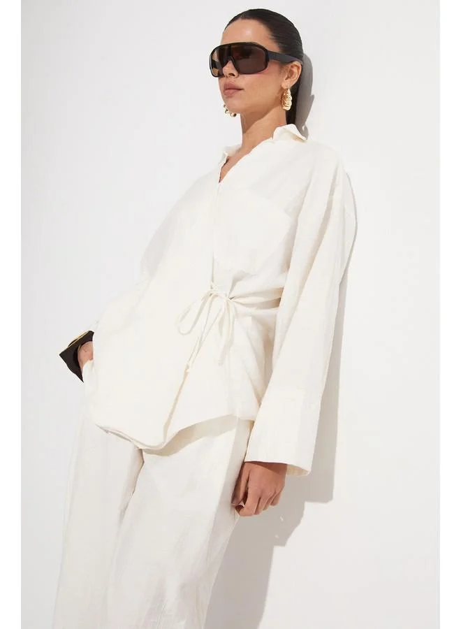 جون June Viscose Blend Blouse Trousers Set White