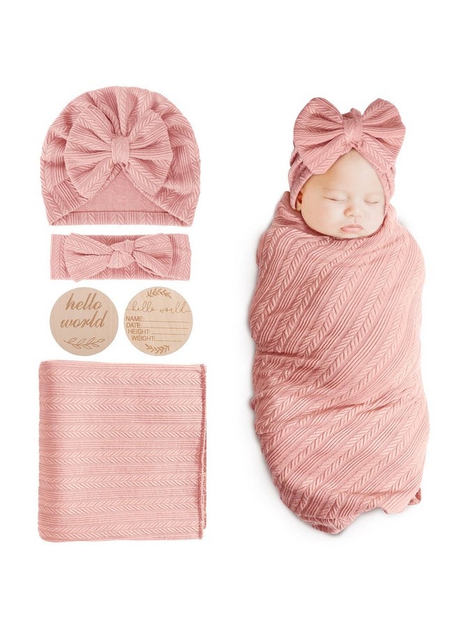 DRESHOW DRESHOW BQUBO Baby Swaddle Blankets for Girls, 4PCS Newborn Accessories Set with Matching Hat and Bow Headband with Card  - Image 1