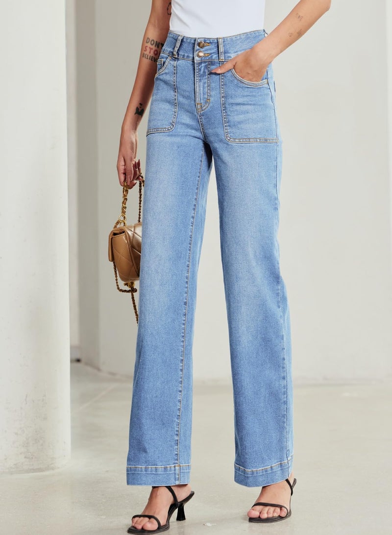 Sidefeel Women's Wide Leg Jeans High Waisted Stretchy Tummy Control Denim Pants Spring Outfits Iceland Blue Size 8 - Image 3