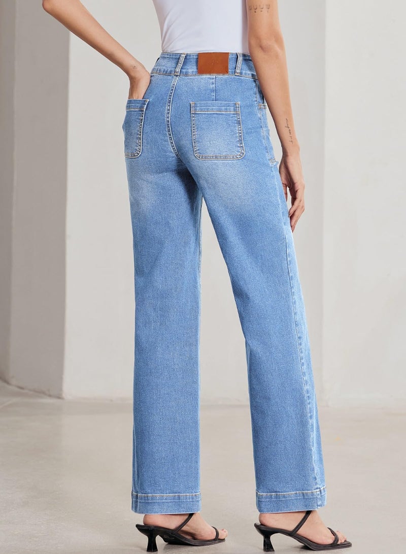 Sidefeel Women's Wide Leg Jeans High Waisted Stretchy Tummy Control Denim Pants Spring Outfits Iceland Blue Size 8 - Image 2