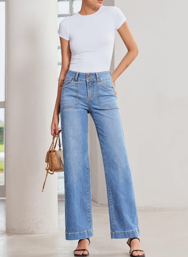 Sidefeel Women's Wide Leg Jeans High Waisted Stretchy Tummy Control Denim Pants Spring Outfits Iceland Blue Size 8 - Image 5