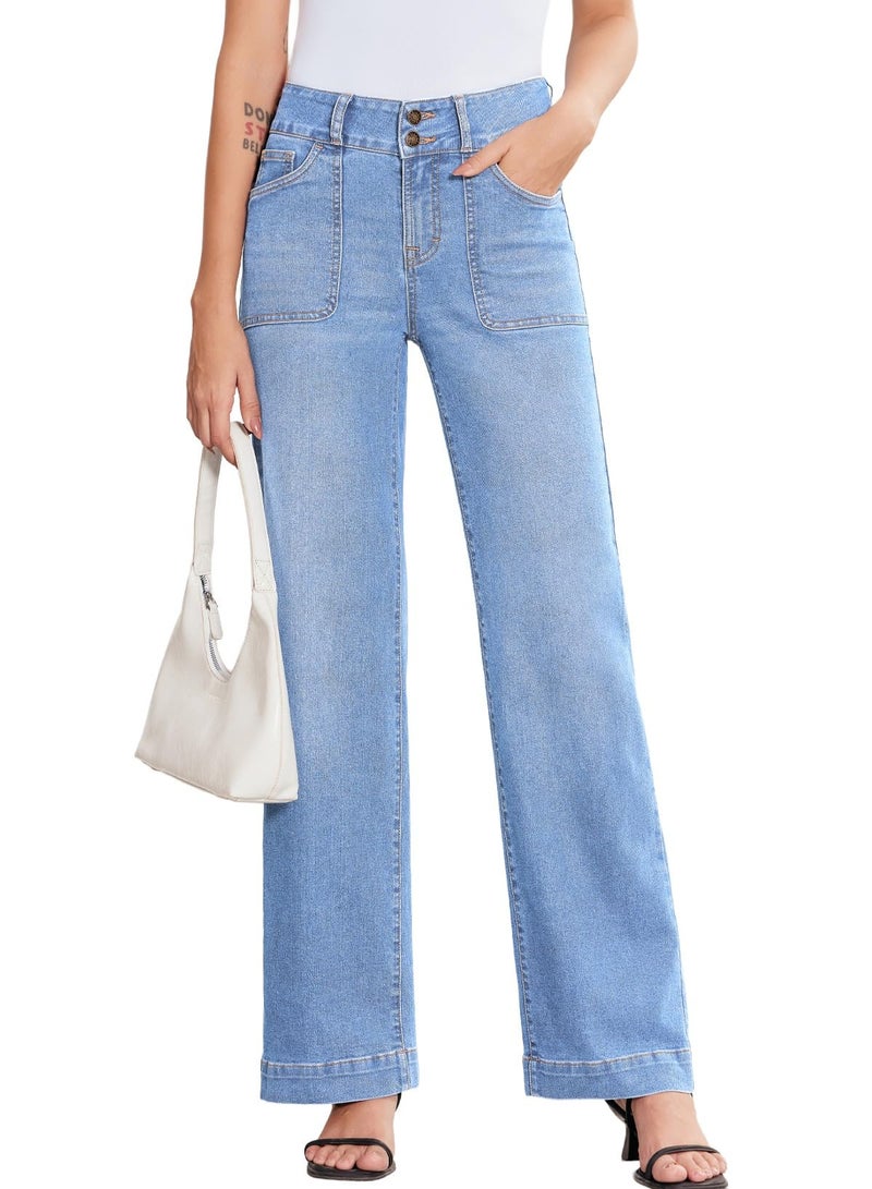 Sidefeel Women's Wide Leg Jeans High Waisted Stretchy Tummy Control Denim Pants Spring Outfits Iceland Blue Size 8 - Image 1