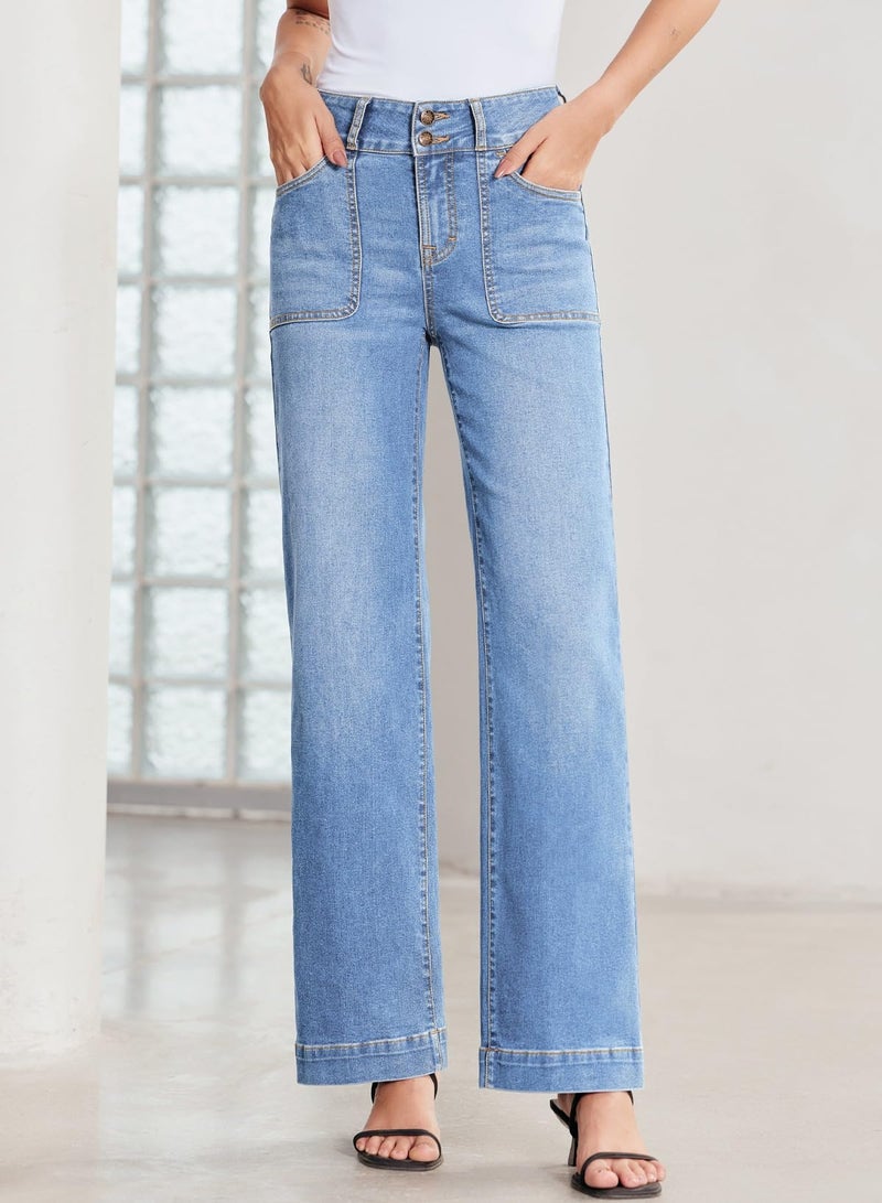 Sidefeel Women's Wide Leg Jeans High Waisted Stretchy Tummy Control Denim Pants Spring Outfits Iceland Blue Size 8 - Image 4