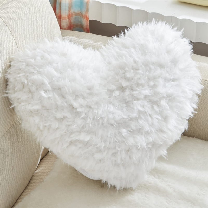 MOOWOO Fluffy Heart Throw Pillow with Pillow Cover and Insert, Shaggy Faux Fur,Valentines Day Decor,Christmas Decorations, Love Pillow (White, Heart Shape-15.7X15.7Inches) - Image 1